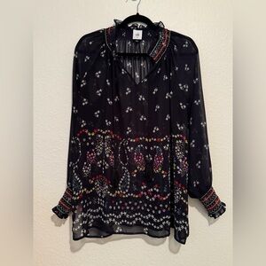 CAbi Navy Floral Embroidered Peasant Blouse Sheer Size M